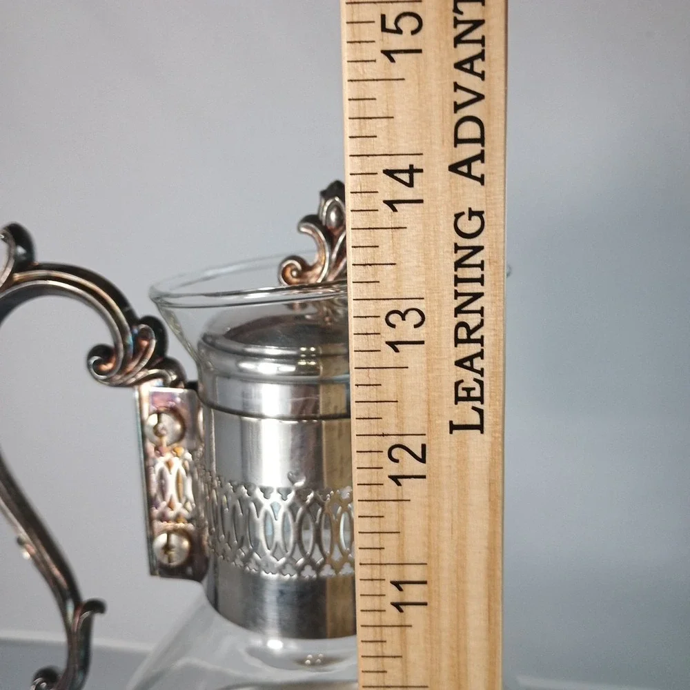 Vtg MCM Style Silver Plated & Glass Coffee Tea Carafe with Footed Warmer Stand
